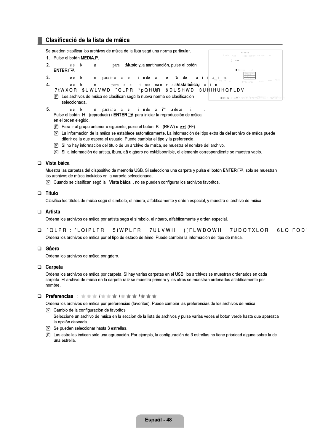 Samsung UN55B8000 Clasificación de la lista de música, Título, Artista, Género, Ordena los archivos de música por género 