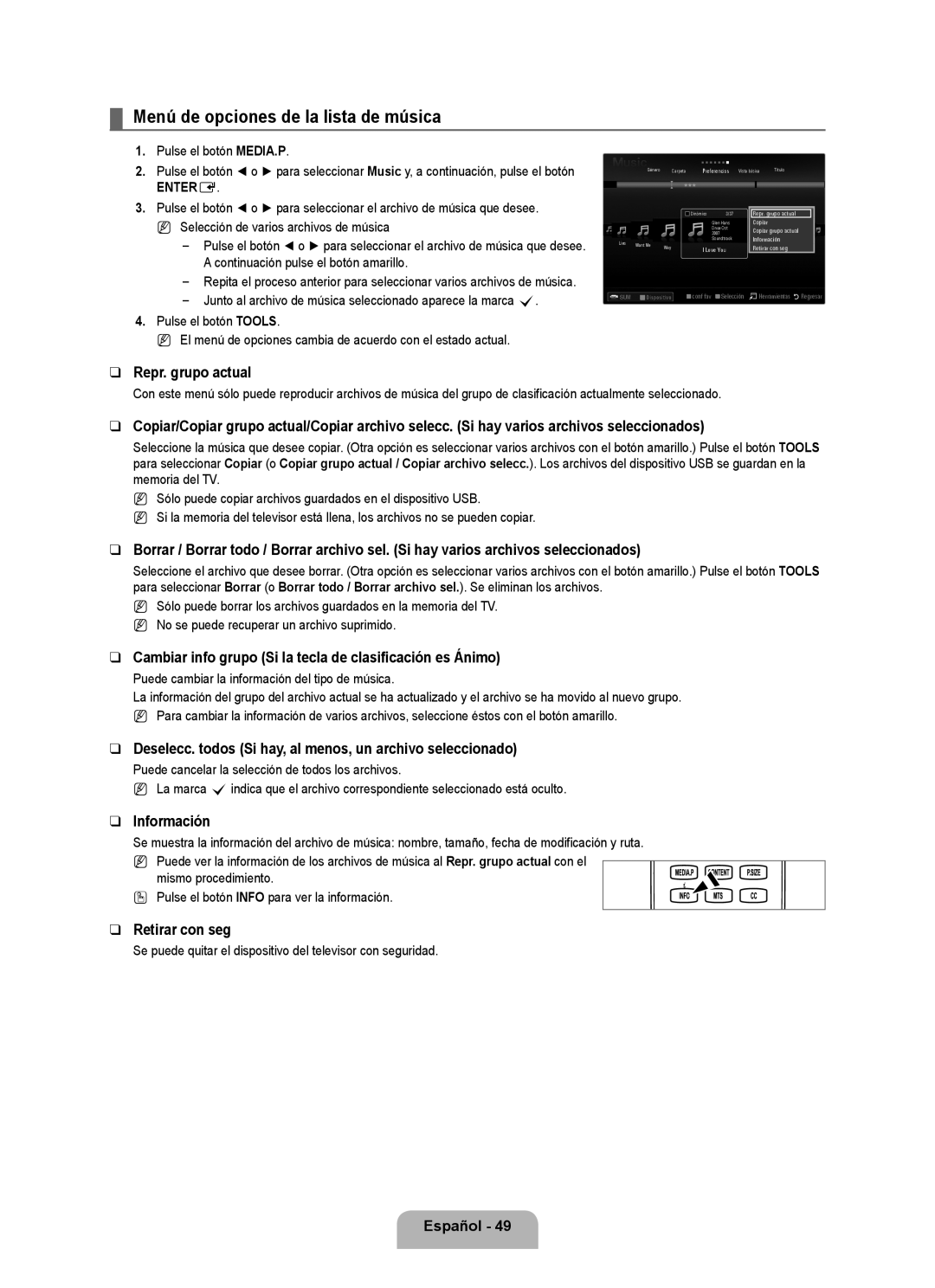 Samsung UN46B8000 Menú de opciones de la lista de música, Cambiar info grupo Si la tecla de clasificación es Ánimo 