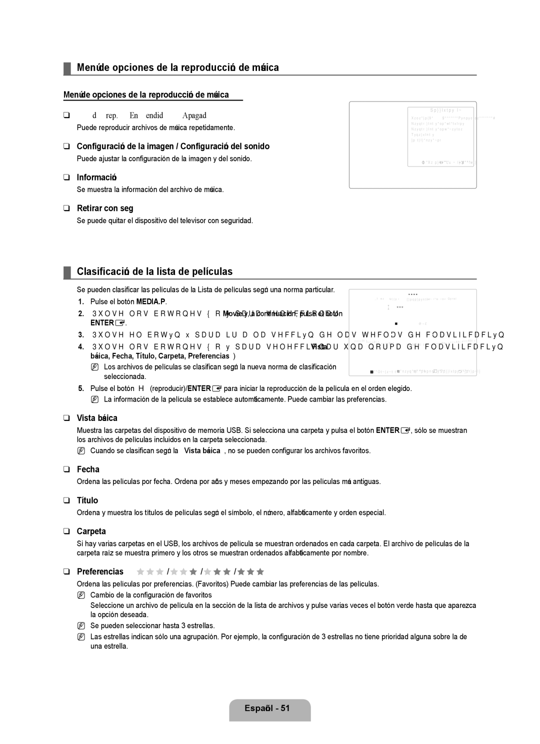 Samsung UN46B8000, UN55B8000 Menú de opciones de la reproducción de música, Clasificación de la lista de películas 