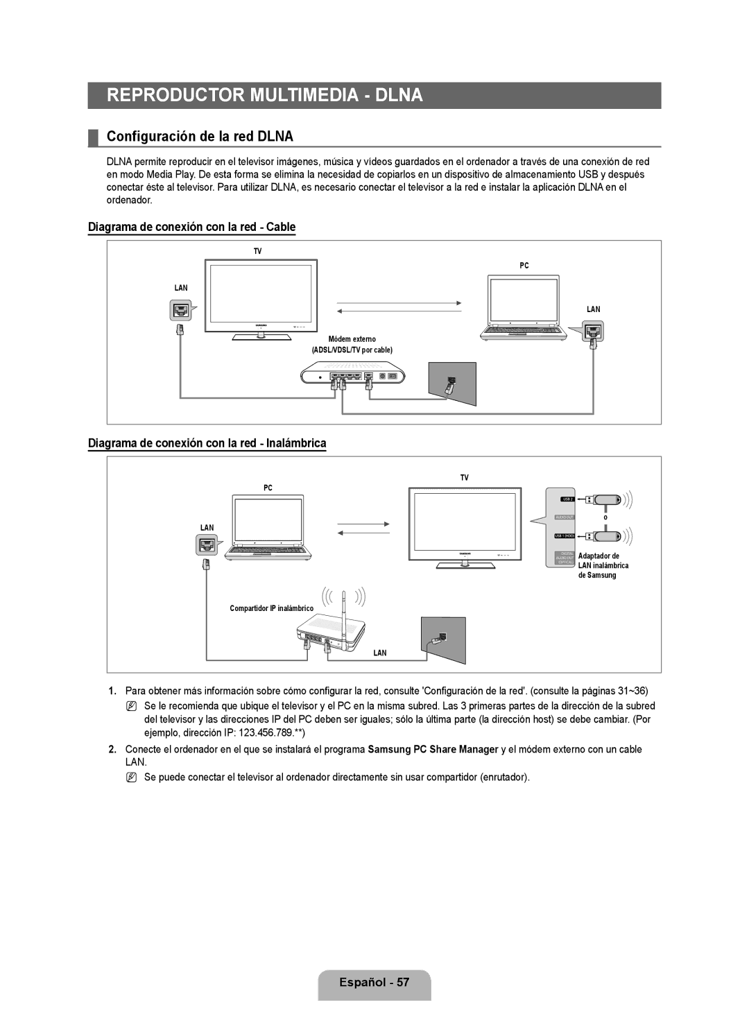 Samsung UN46B8000 Reproductor multimedia Dlna, Configuración de la red Dlna, Diagrama de conexión con la red Cable 