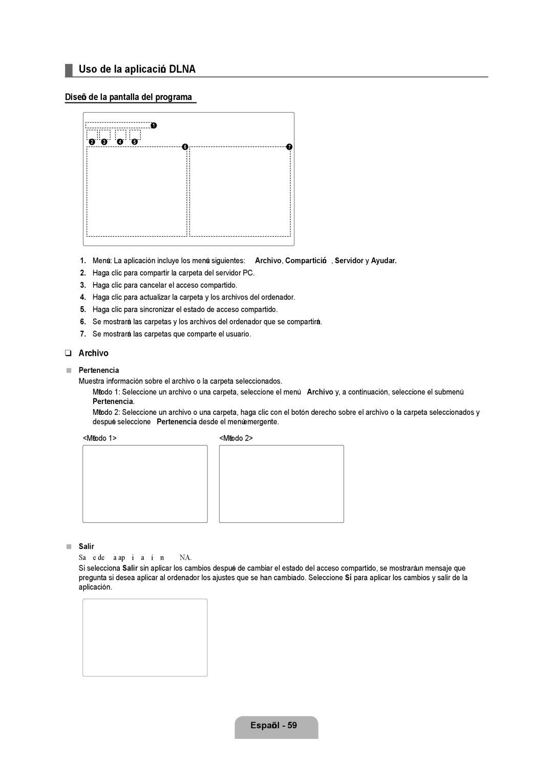 Samsung UN46B8000, UN55B8000 Uso de la aplicación Dlna, Diseño de la pantalla del programa, Archivo, Pertenencia, Salir 