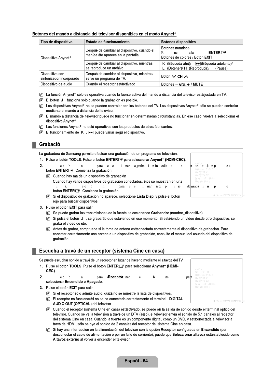 Samsung UN55B8000, UN46B8000 user manual Grabación, Escucha a través de un receptor sistema Cine en casa 