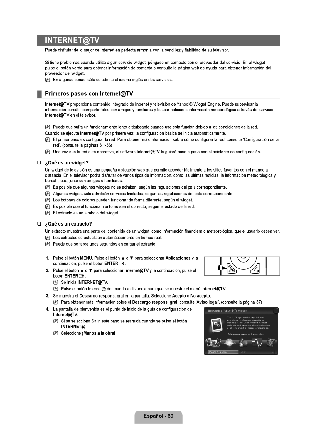 Samsung UN46B8000 Primeros pasos con Internet@TV, ¿Qué es un widget?, ¿Qué es un extracto?, Seleccione ¡Manos a la obra 