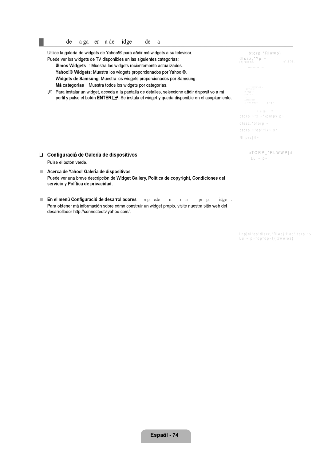 Samsung UN55B8000, UN46B8000 user manual Uso de la galería de widgets de Yahoo, Configuración de Galería de dispositivos 