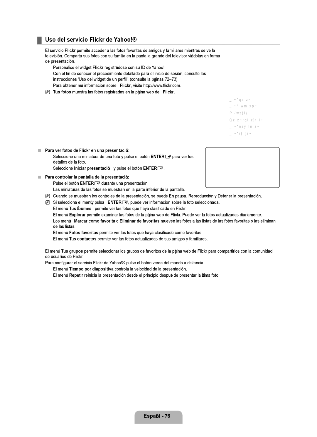 Samsung UN55B8000, UN46B8000 user manual Uso del servicio Flickr de Yahoo, Para ver fotos de Flickr en una presentación 