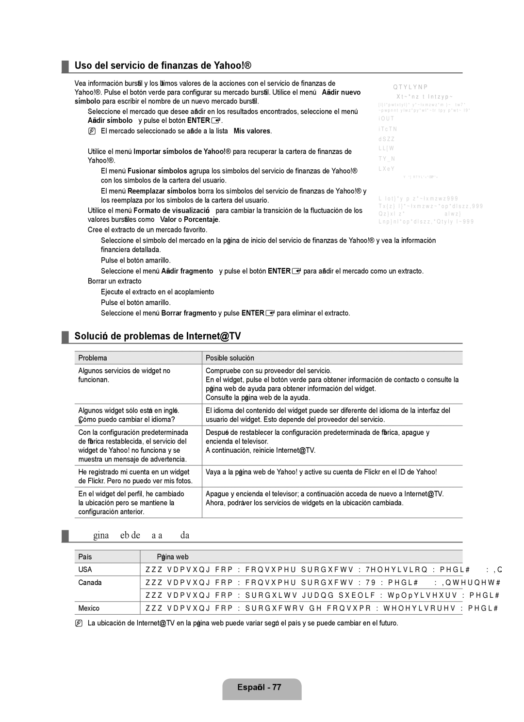 Samsung UN46B8000 Uso del servicio de finanzas de Yahoo, Solución de problemas de Internet@TV, Página web de la ayuda 