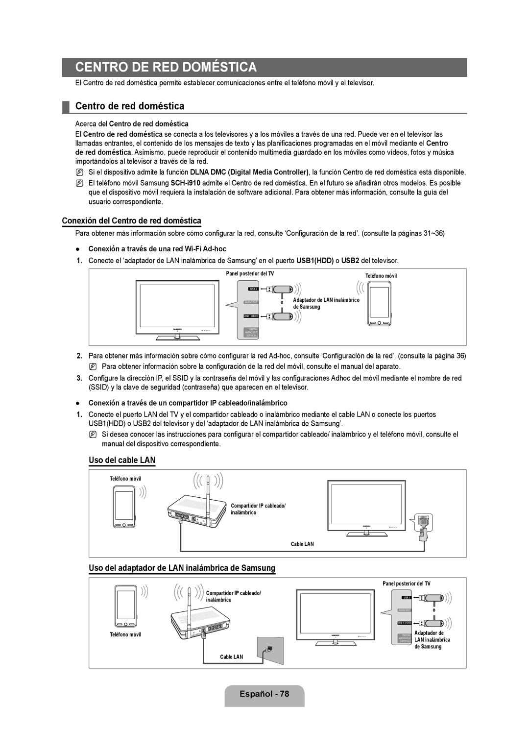 Samsung UN55B8000, UN46B8000 user manual Conexión del Centro de red doméstica, Uso del cable LAN 