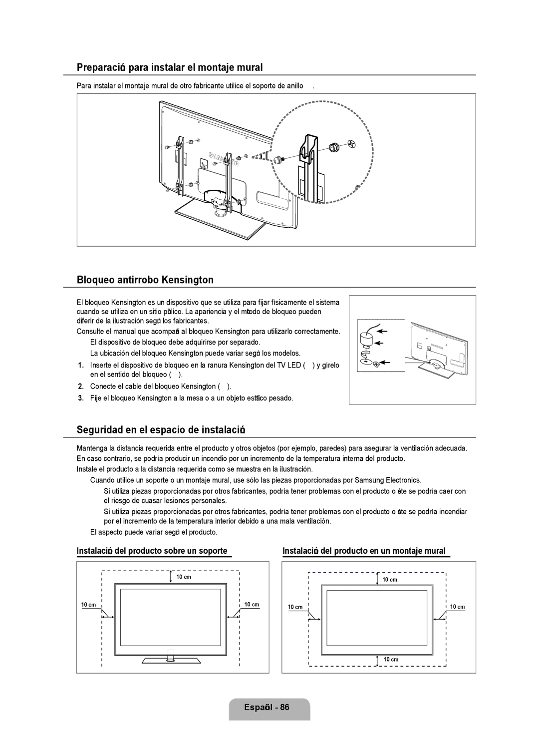 Samsung UN55B8000, UN46B8000 user manual Preparación para instalar el montaje mural, Bloqueo antirrobo Kensington 