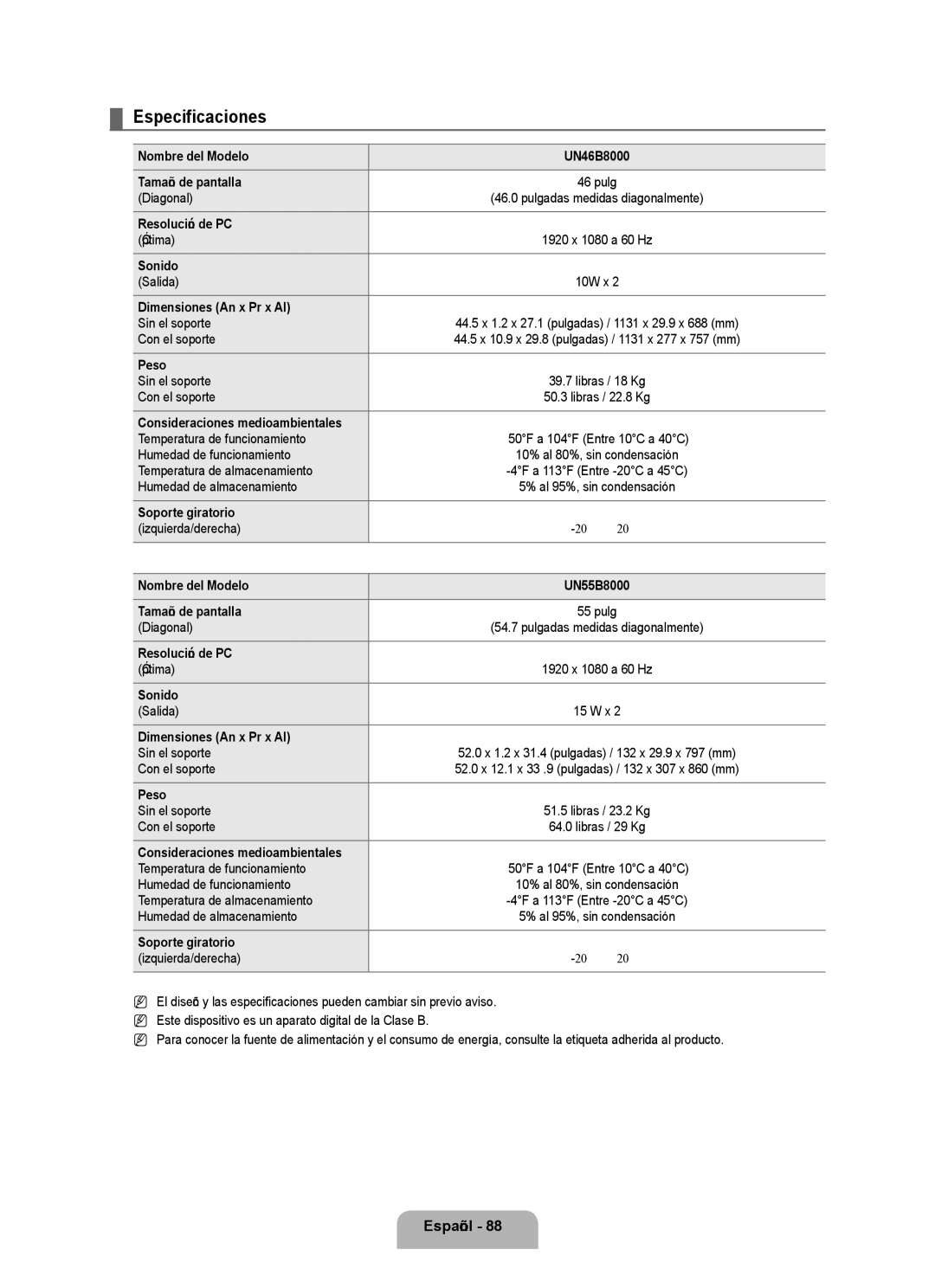 Samsung UN55B8000, UN46B8000 user manual Especificaciones 