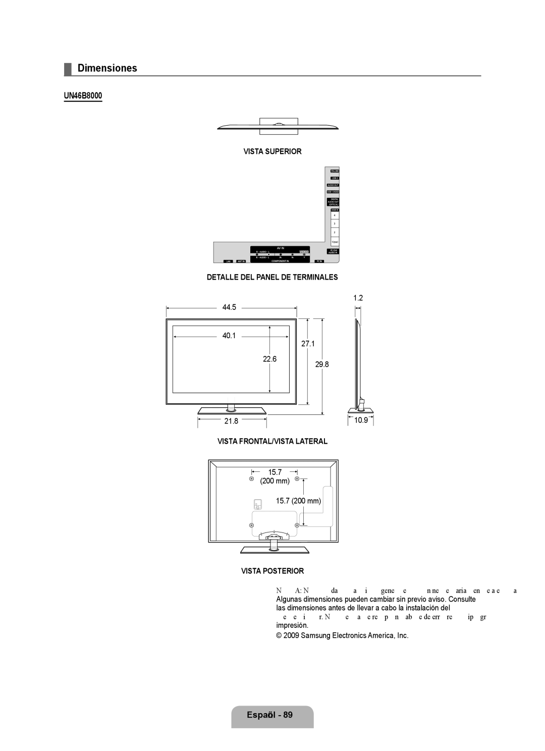 Samsung UN46B8000, UN55B8000 user manual Dimensiones, 44.5 40.1 27.1 22.6 21.8 