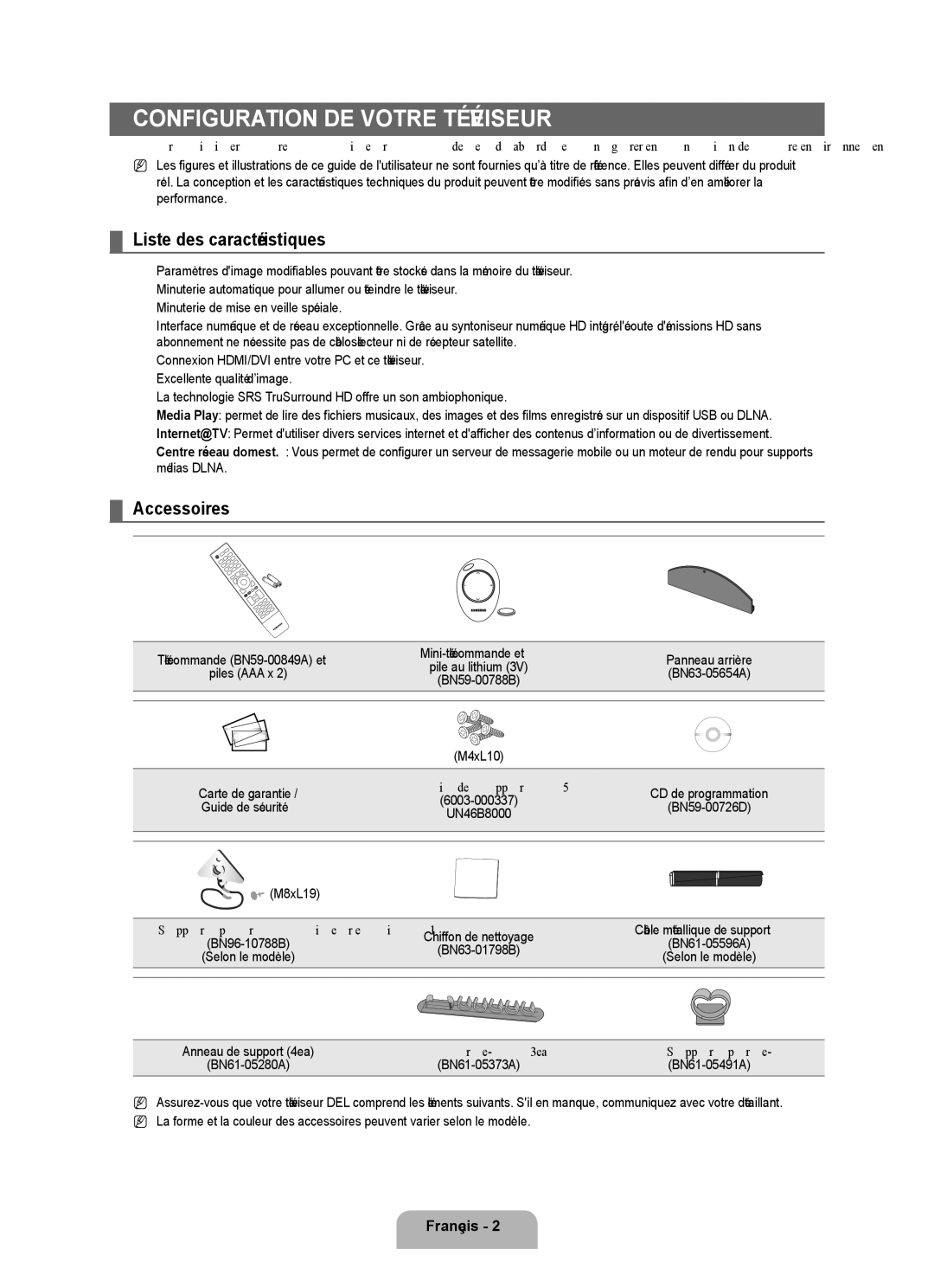 Samsung UN46B8000, UN55B8000 Configuration de votre téléviseur, Liste des caractéristiques, Accessoires, Support porte-fil 