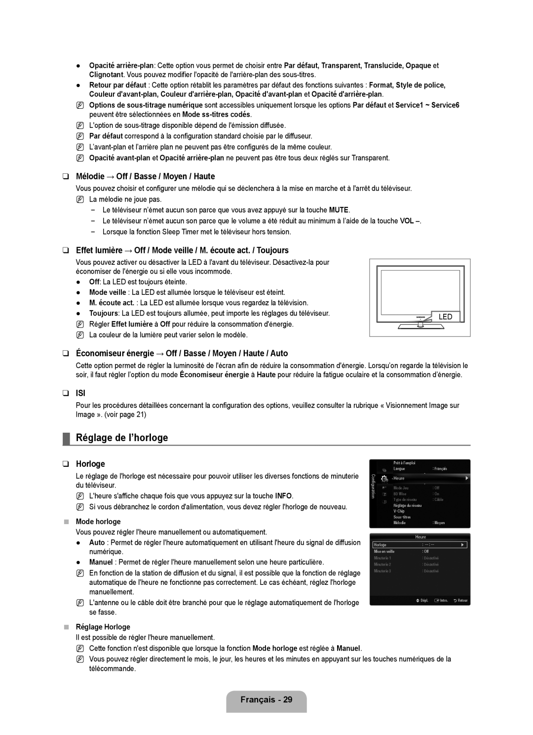 Samsung UN55B8000, UN46B8000 user manual Réglage de l’horloge, Mélodie → Off / Basse / Moyen / Haute, Horloge 