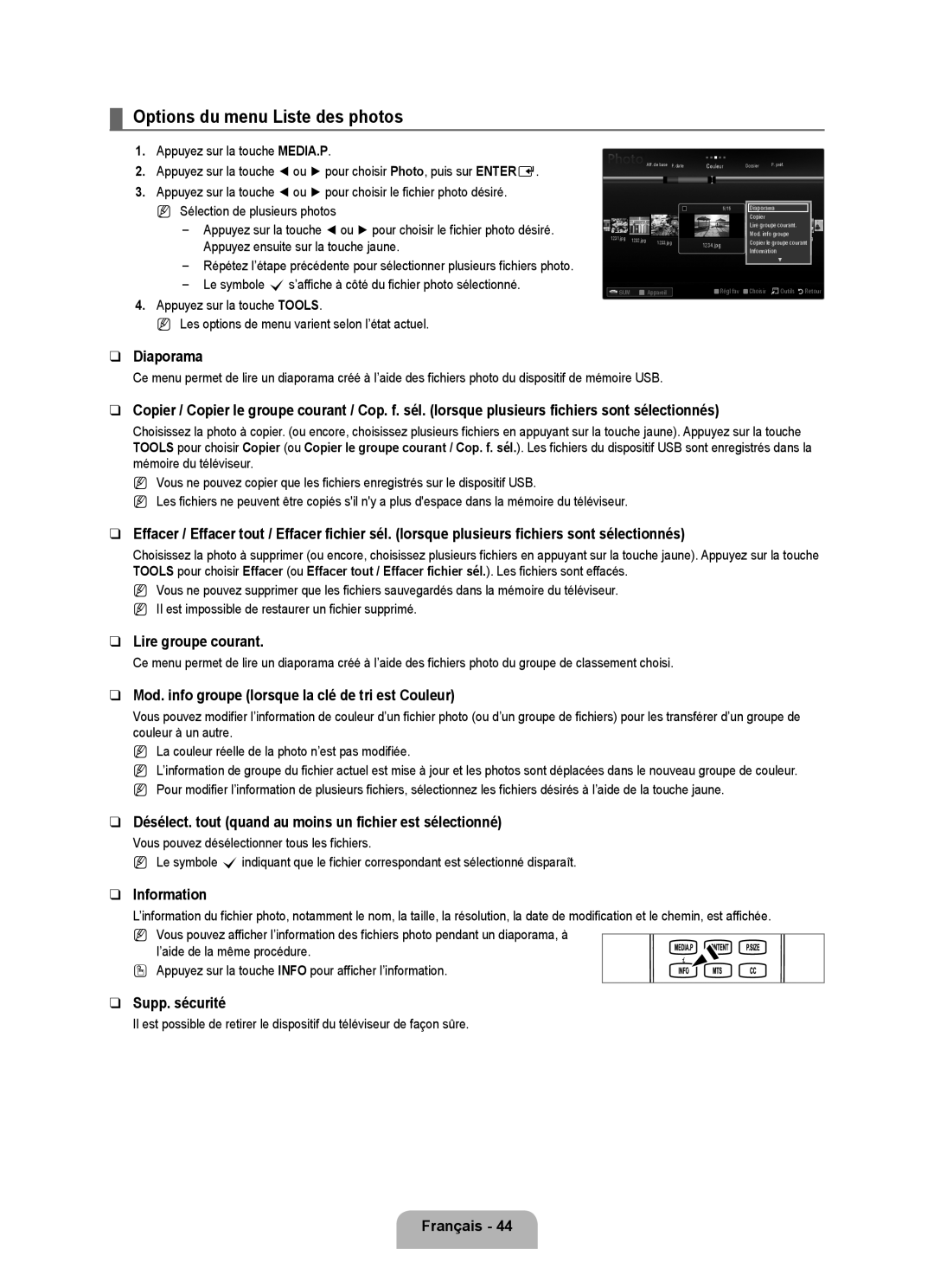 Samsung UN46B8000, UN55B8000 user manual Options du menu Liste des photos 