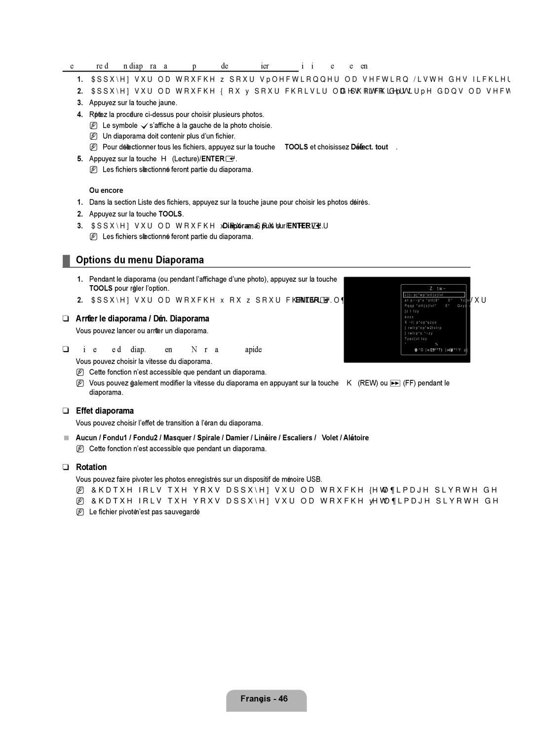 Samsung UN46B8000, UN55B8000 Options du menu Diaporama, Arrêter le diaporama / Dém. Diaporama, Effet diaporama, Rotation 