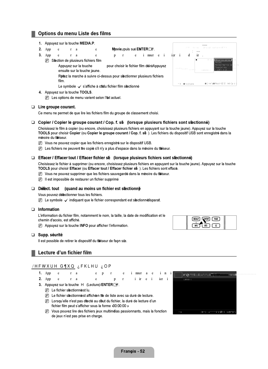 Samsung UN46B8000, UN55B8000 user manual Options du menu Liste des films, Lecture d’un fichier film 