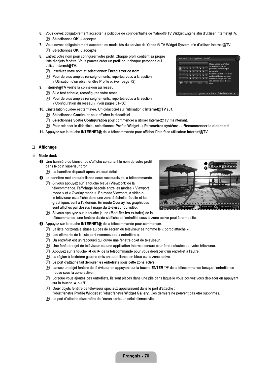 Samsung UN46B8000, UN55B8000 user manual Affichage, Internet@TV vérifie la connexion au réseau, Mode dock 