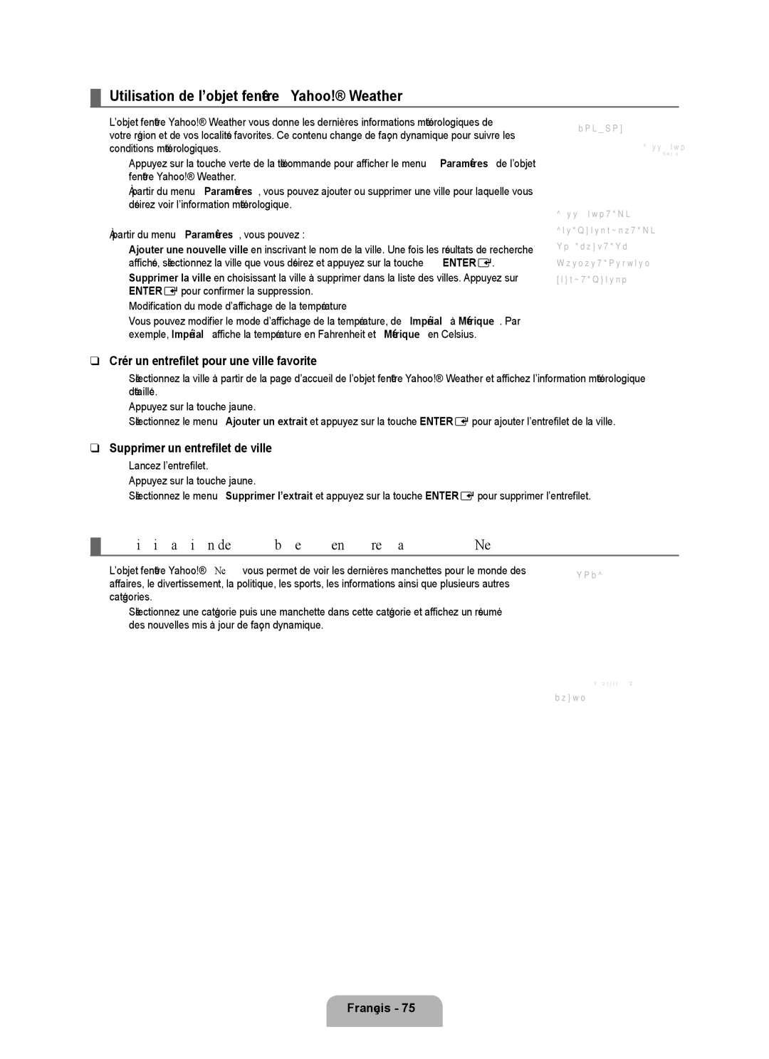 Samsung UN55B8000, UN46B8000 Utilisation de l’objet fenêtre Yahoo! Weather, Utilisation de l’objet fenêtre Yahoo! News 