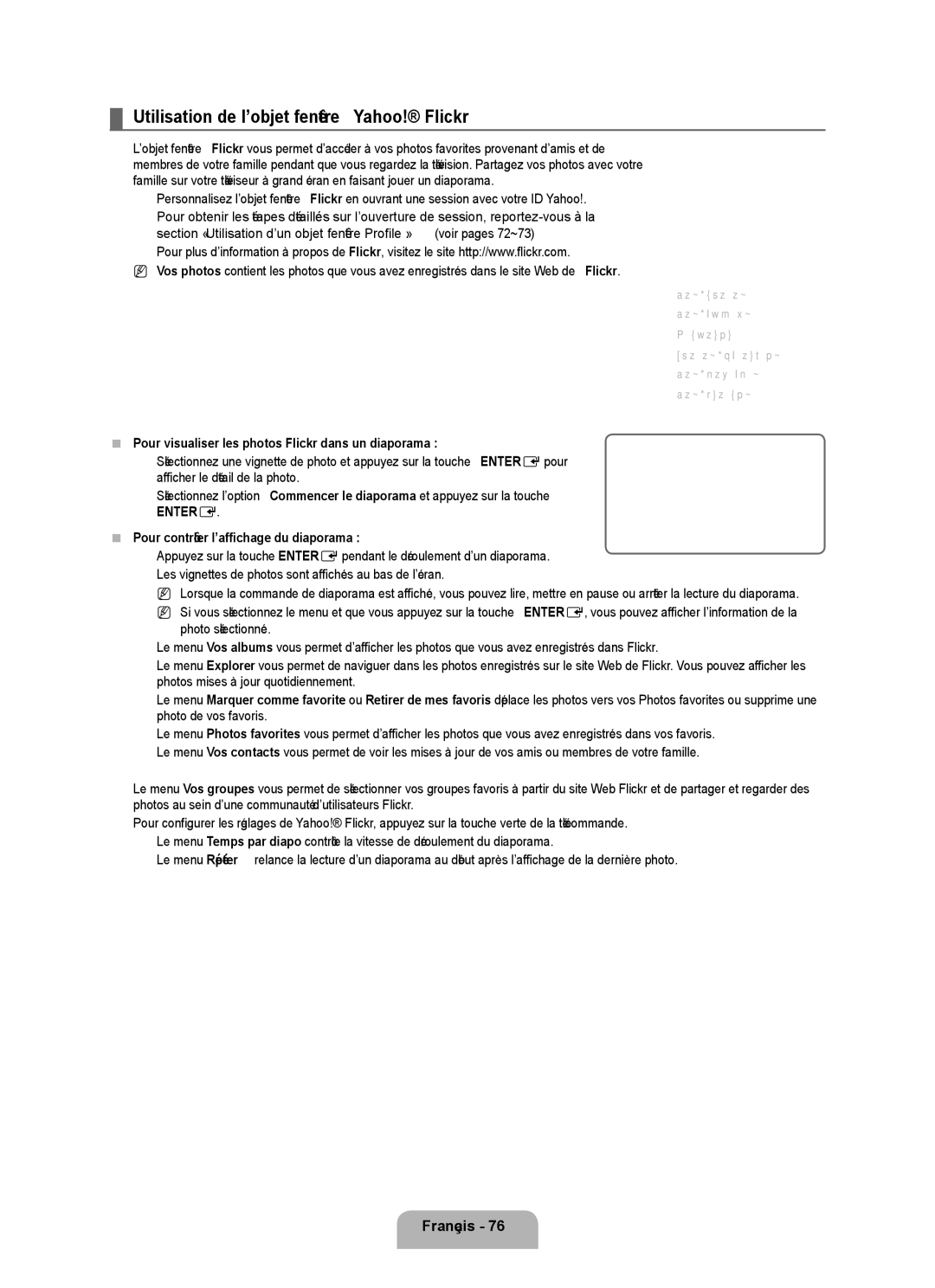 Samsung UN46B8000 Utilisation de l’objet fenêtre Yahoo! Flickr, Pour visualiser les photos Flickr dans un diaporama 