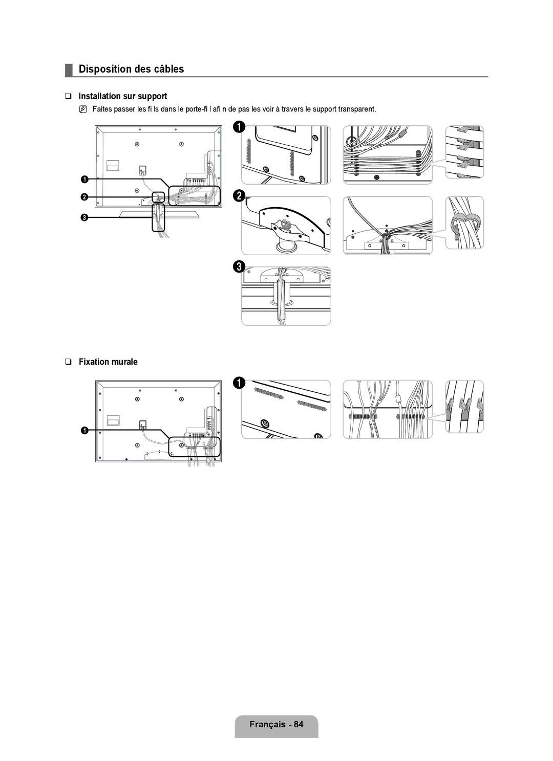 Samsung UN46B8000, UN55B8000 user manual Disposition des câbles, Installation sur support, Fixation murale Français 