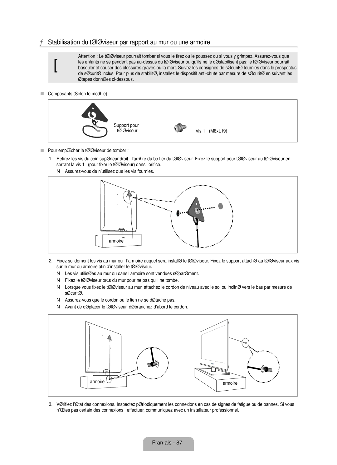 Samsung UN55B8000, UN46B8000 user manual  Composants Selon le modèle,  Pour empêcher le téléviseur de tomber 