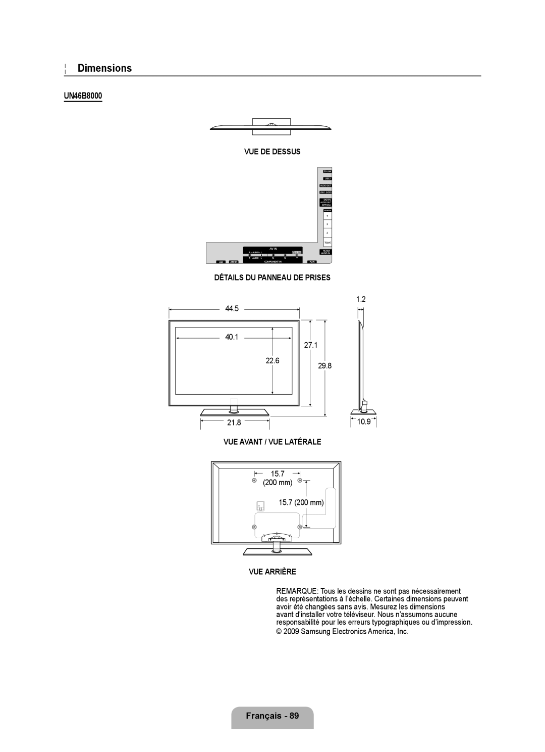 Samsung UN55B8000, UN46B8000 user manual VUE DE Dessus Détails DU Panneau DE Prises 