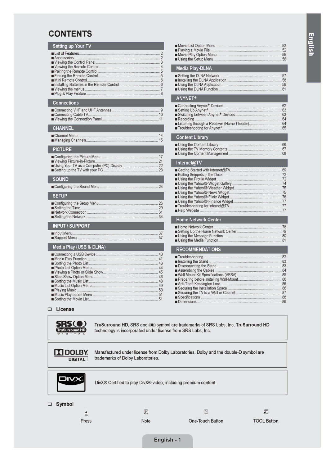 Samsung UN46B8000, UN55B8000 user manual Contents 