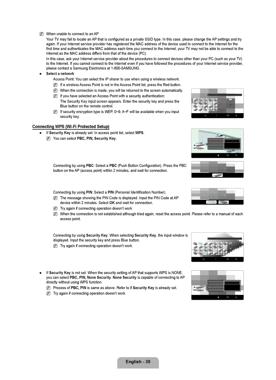 Samsung UN46B8000, UN55B8000 Connecting WPS Wi-Fi Protected Setup, When unable to connect to an AP, Select a network 