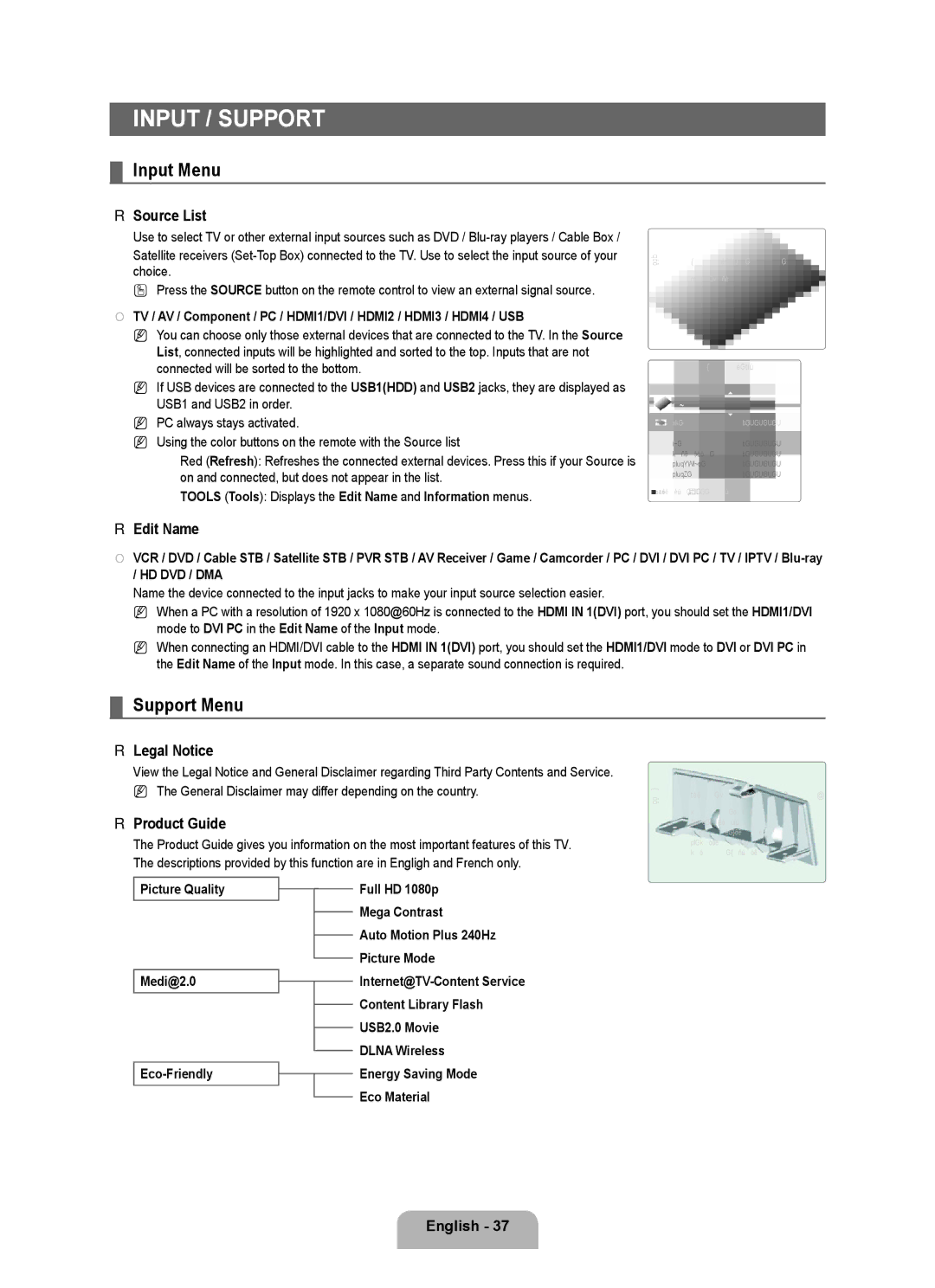 Samsung UN46B8000, UN55B8000 user manual Input / Support, Input Menu, Support Menu 