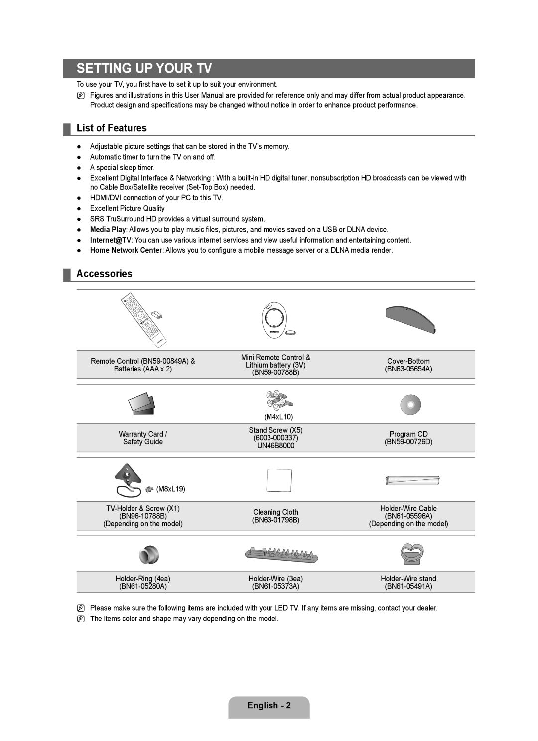 Samsung UN55B8000, UN46B8000 user manual Setting up Your TV, List of Features, Accessories, M4xL10, M8xL19 