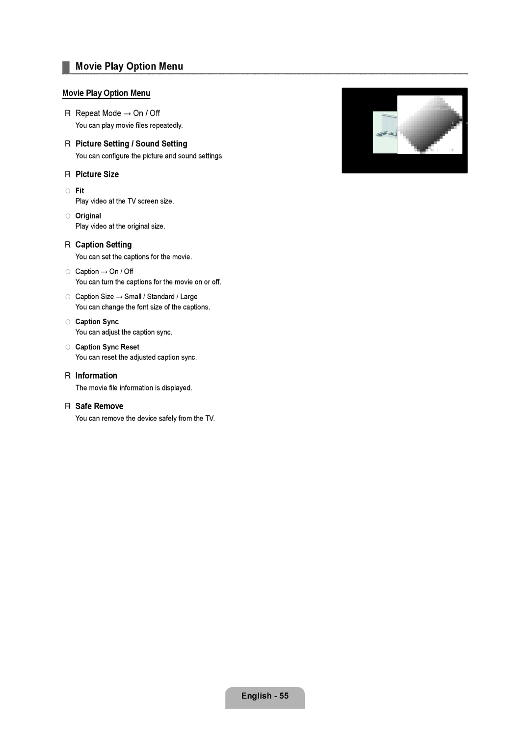Samsung UN46B8000, UN55B8000 user manual Movie Play Option Menu Repeat Mode → On / Off, Picture Size, Caption Setting 