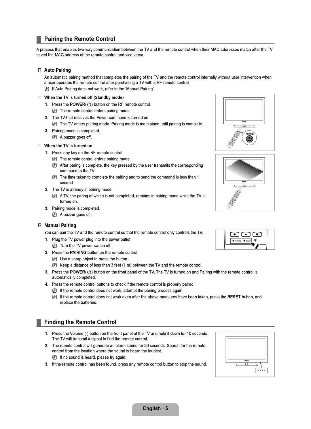 Samsung UN46B8000, UN55B8000 Pairing the Remote Control, Finding the Remote Control, Auto Pairing, Manual Pairing 