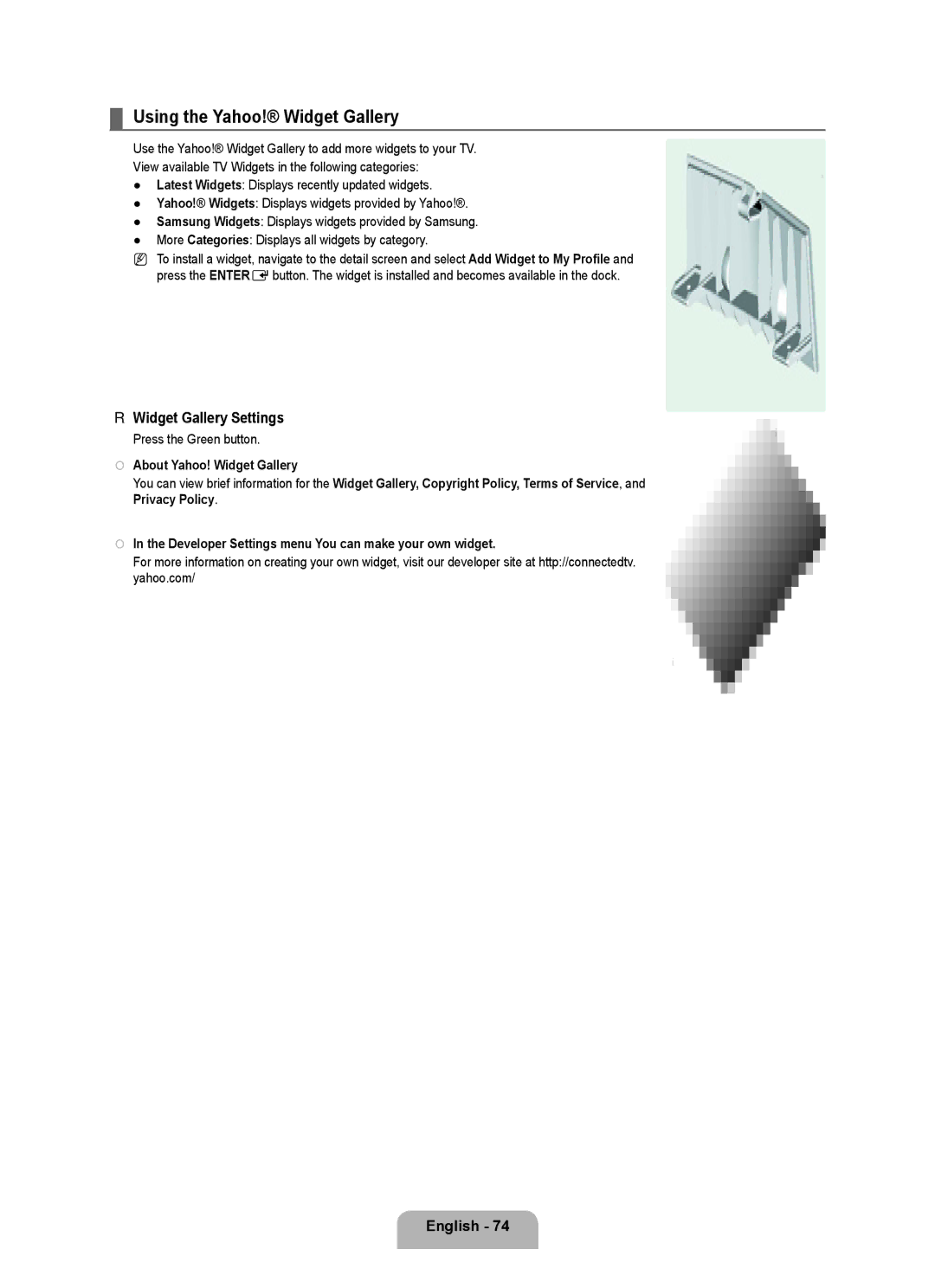 Samsung UN55B8000, UN46B8000 user manual Using the Yahoo! Widget Gallery, Widget Gallery Settings, Press the Green button 