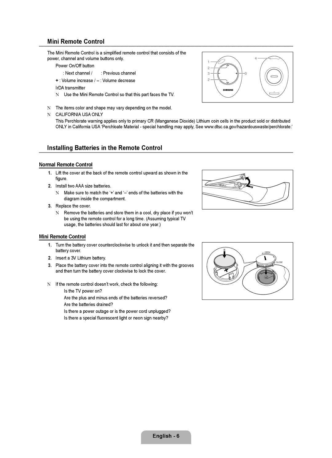 Samsung UN55B8000, UN46B8000 Mini Remote Control, Installing Batteries in the Remote Control, Normal Remote Control 
