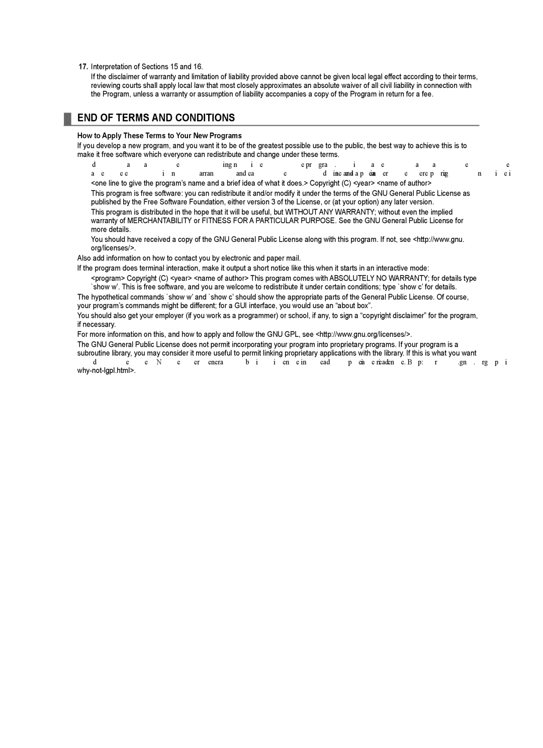 Samsung UN55B8000, UN46B8000 user manual Interpretation of Sections 15, How to Apply These Terms to Your New Programs 