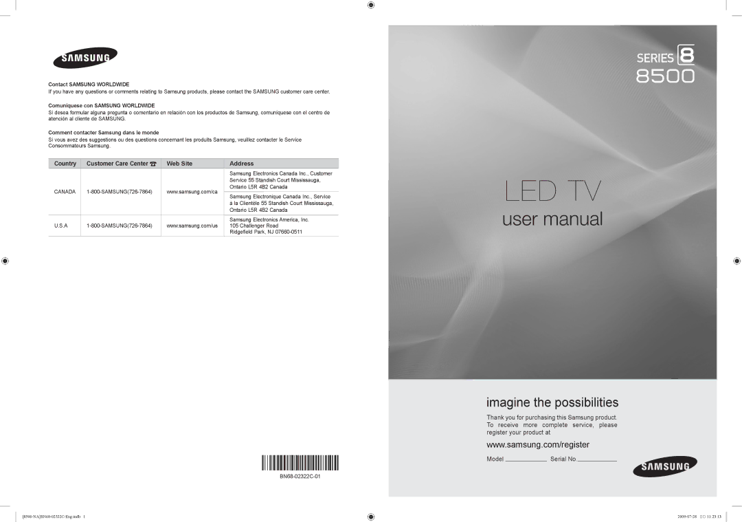 Samsung UN55B8500 user manual Country Customer Care Center Web Site Address, Contact Samsung Worldwide 