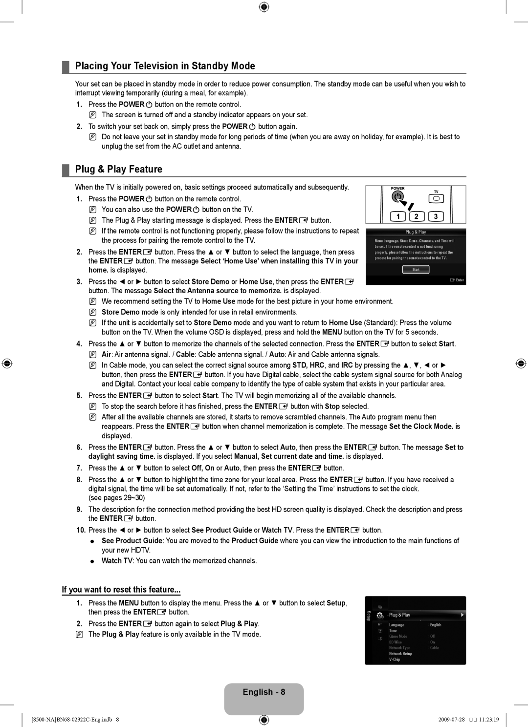 Samsung UN55B8500 Placing Your Television in Standby Mode, Plug & Play Feature, If you want to reset this feature 