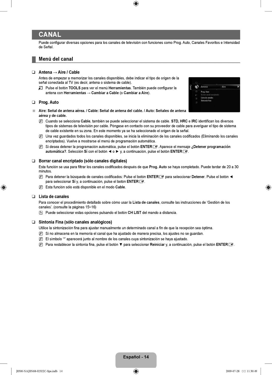 Samsung UN55B8500 user manual Canal, Menú del canal Antena → Aire / Cable, Borrar canal encriptado sólo canales digitales 