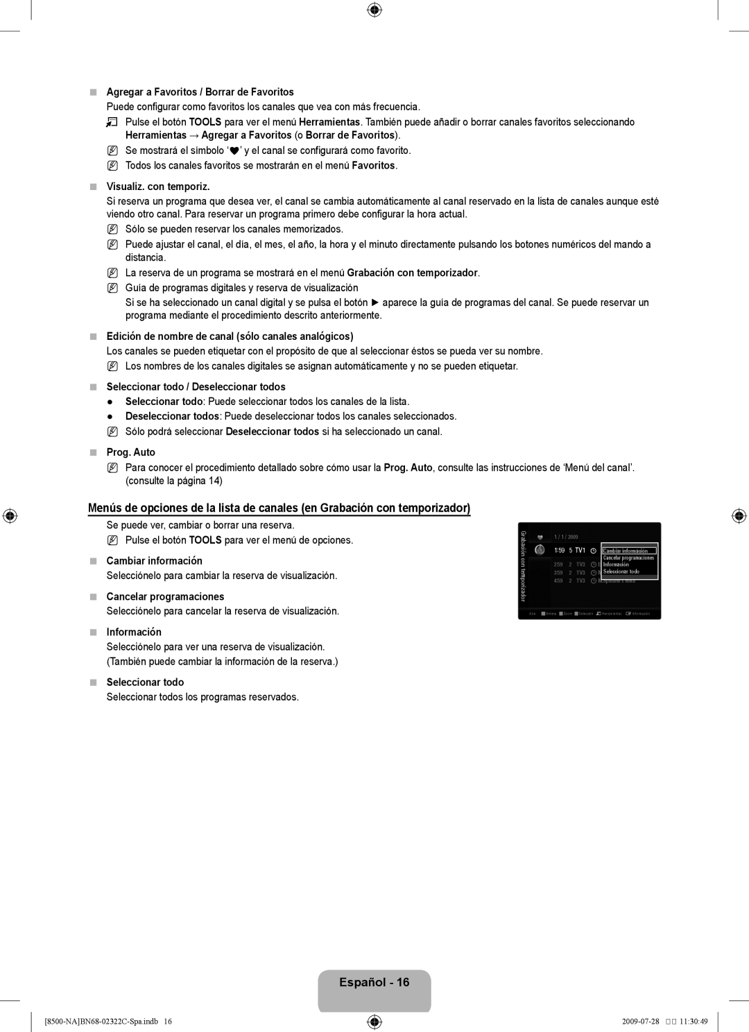 Samsung UN55B8500 user manual Agregar a Favoritos / Borrar de Favoritos, Visualiz. con temporiz, Prog. Auto, Información 