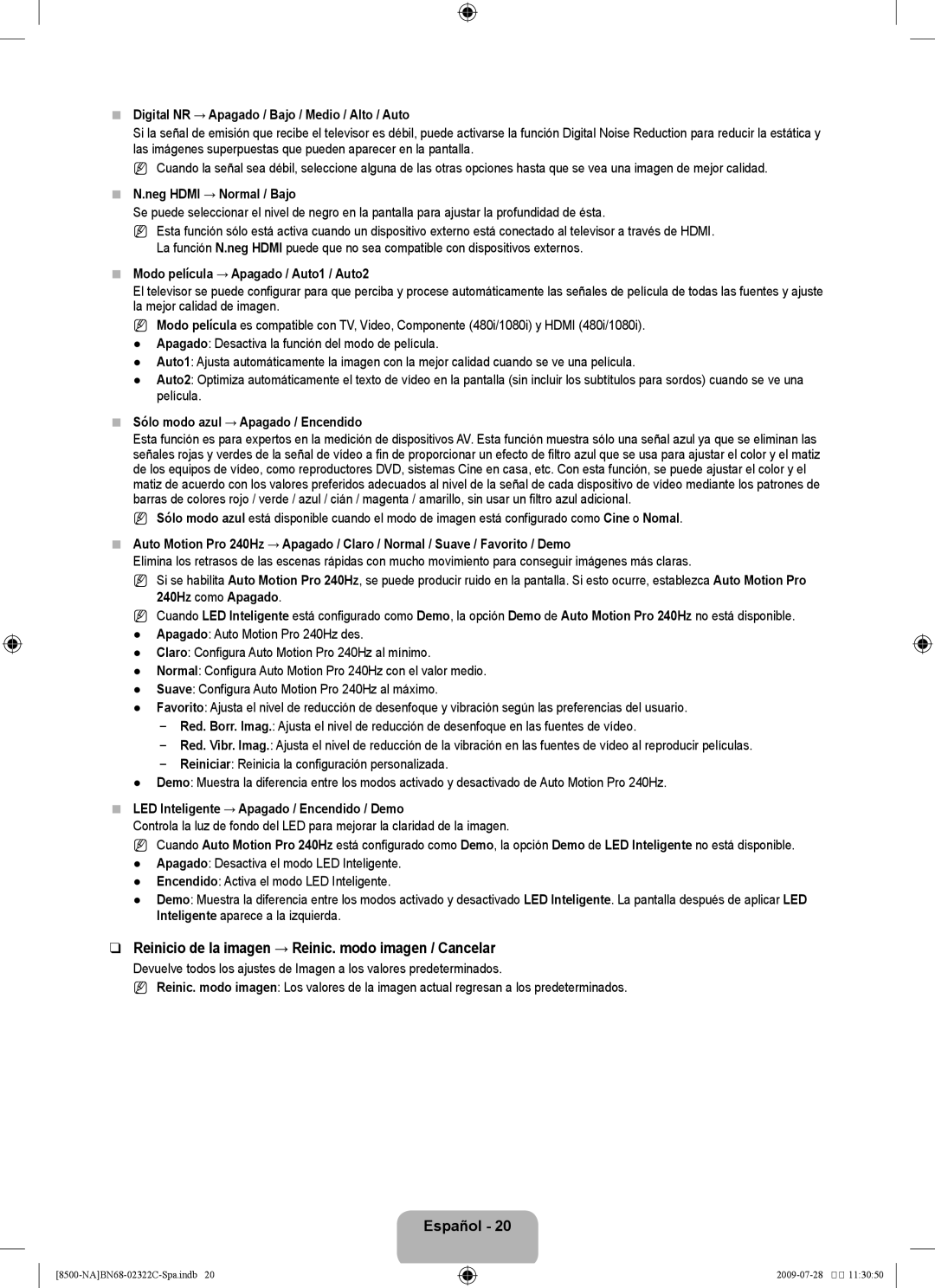 Samsung UN55B8500 user manual Reinicio de la imagen → Reinic. modo imagen / Cancelar 