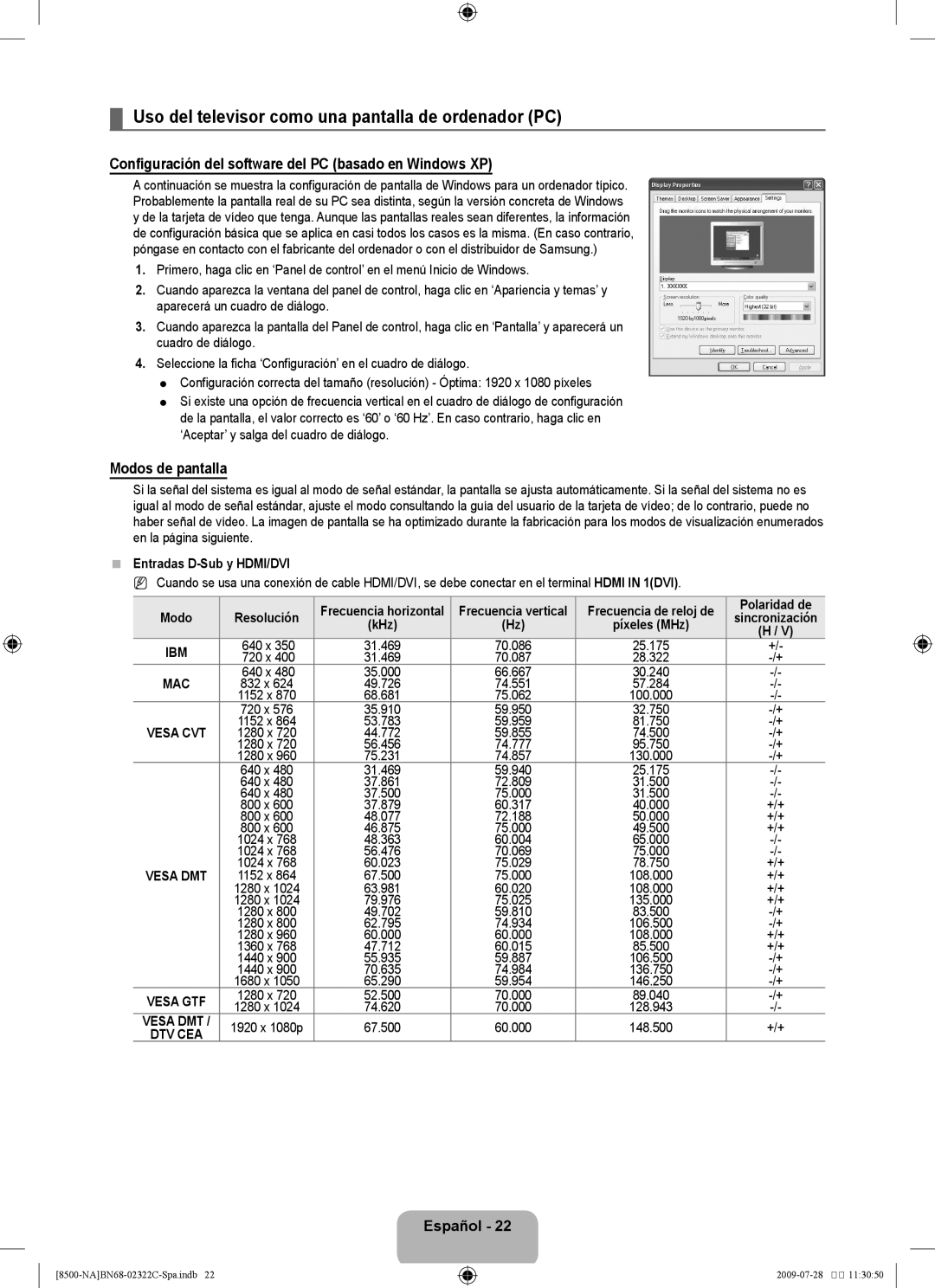 Samsung UN55B8500 Uso del televisor como una pantalla de ordenador PC, Modos de pantalla, Entradas D-Sub y HDMI/DVI, 640 x 