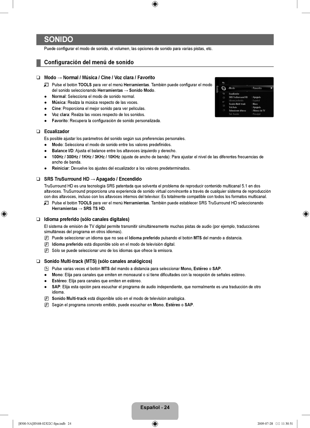 Samsung UN55B8500 user manual Sonido, Configuración del menú de sonido 