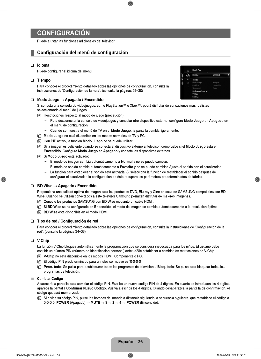 Samsung UN55B8500 user manual Configuración del menú de configuración 