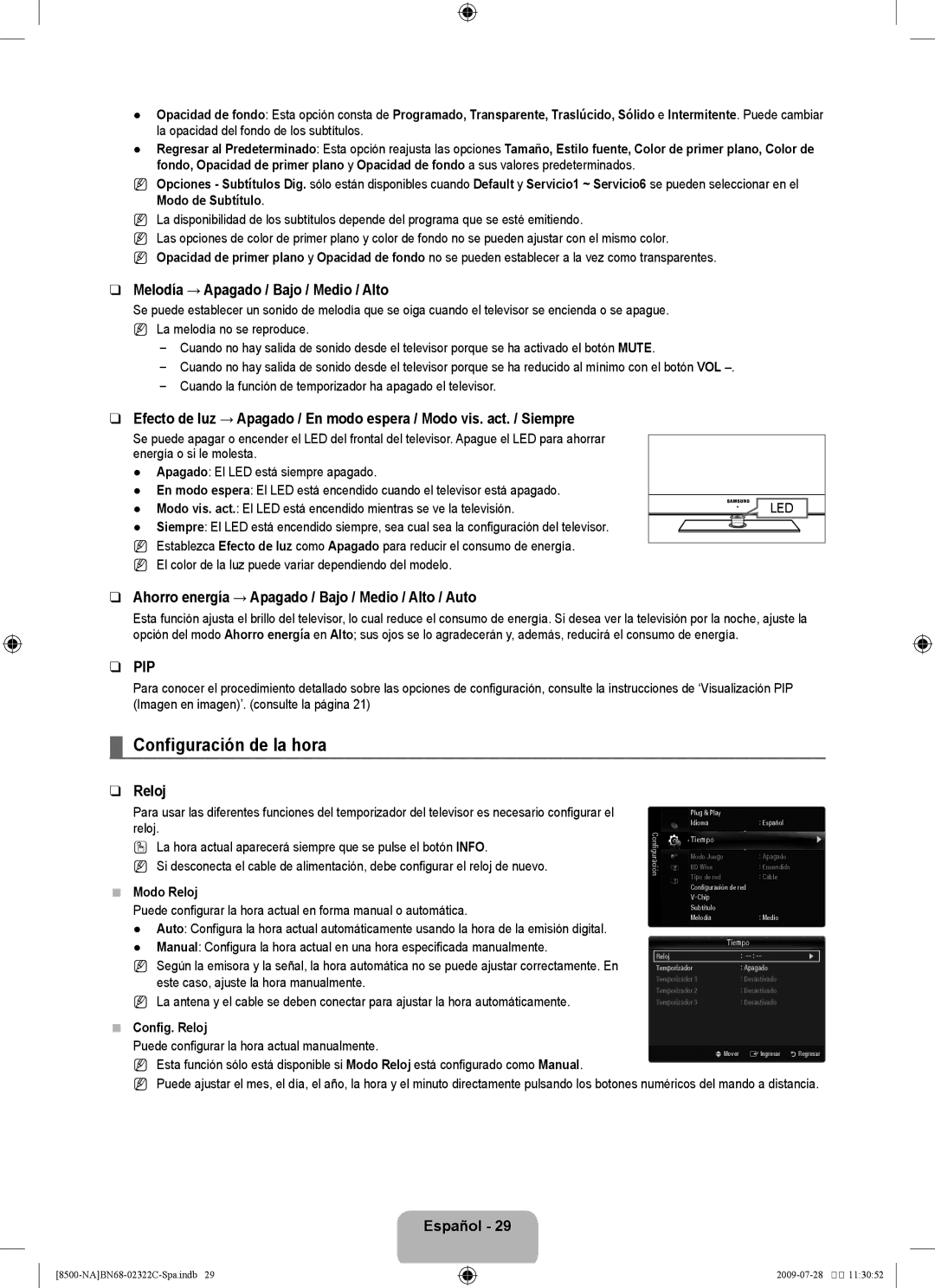 Samsung UN55B8500 user manual Configuración de la hora, Melodía → Apagado / Bajo / Medio / Alto, Reloj 