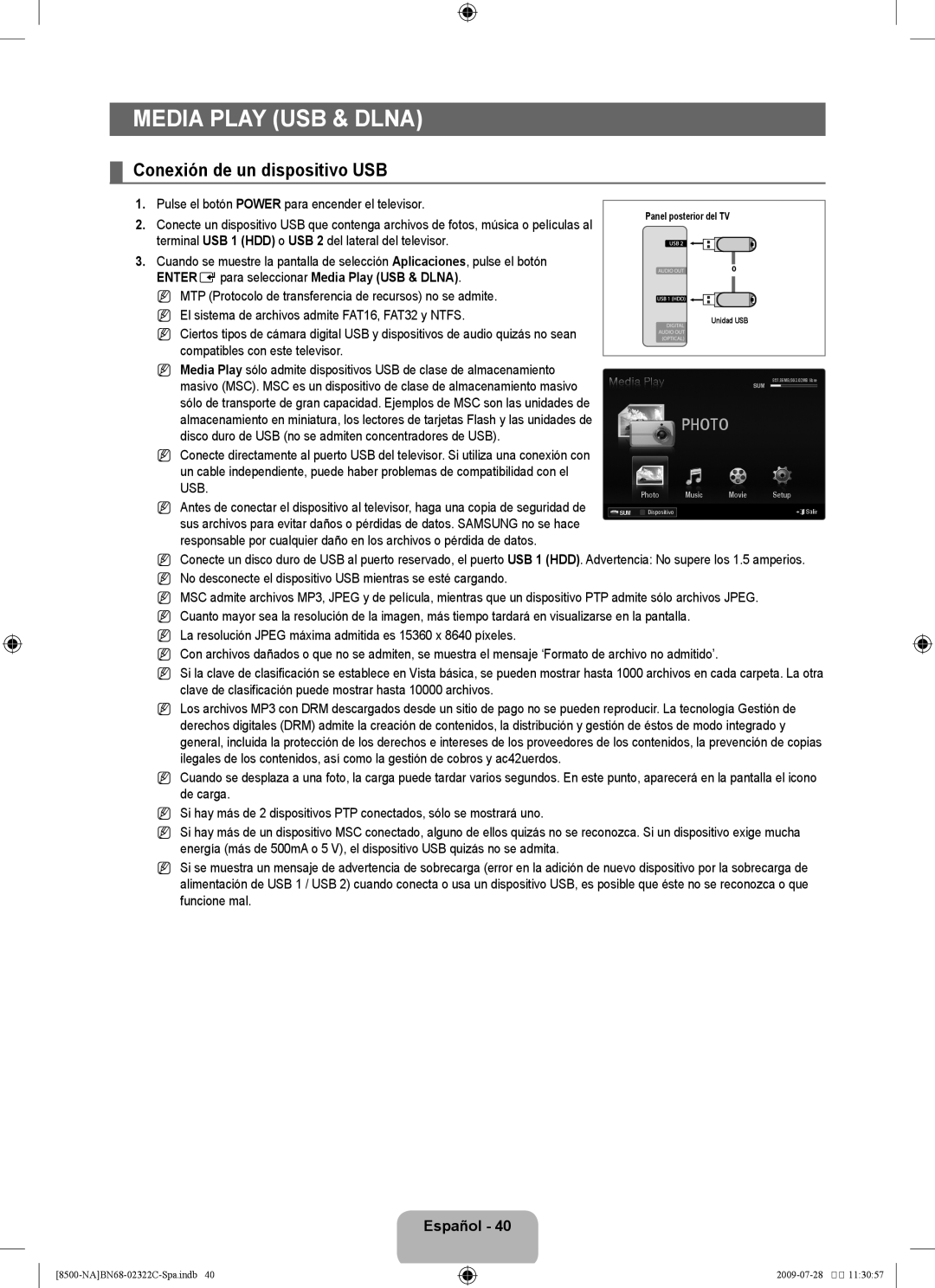 Samsung UN55B8500 user manual Conexión de un dispositivo USB, ENTEREpara seleccionar Media Play USB & Dlna 