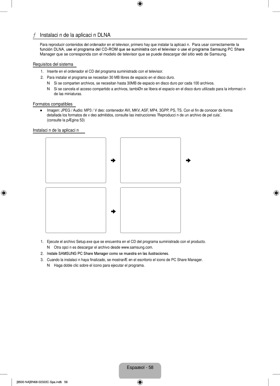 Samsung UN55B8500 user manual Instalación de la aplicación Dlna, Requisitos del sistema, Formatos compatibles 