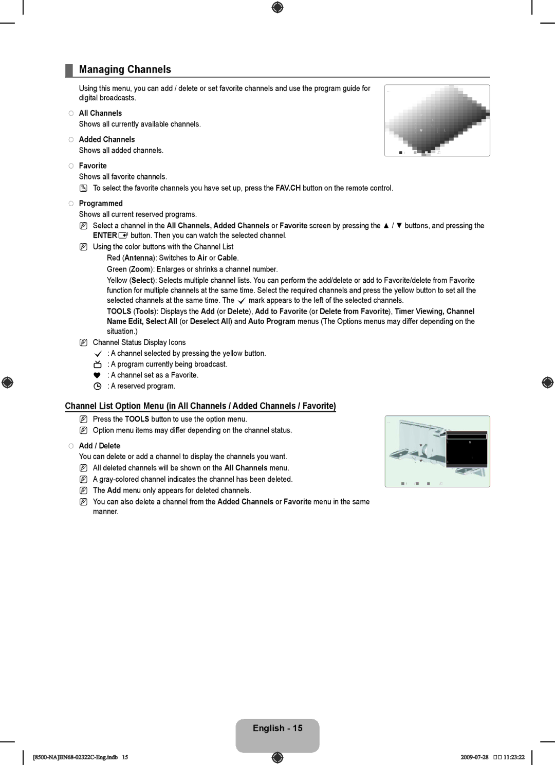 Samsung UN55B8500 user manual Managing Channels 