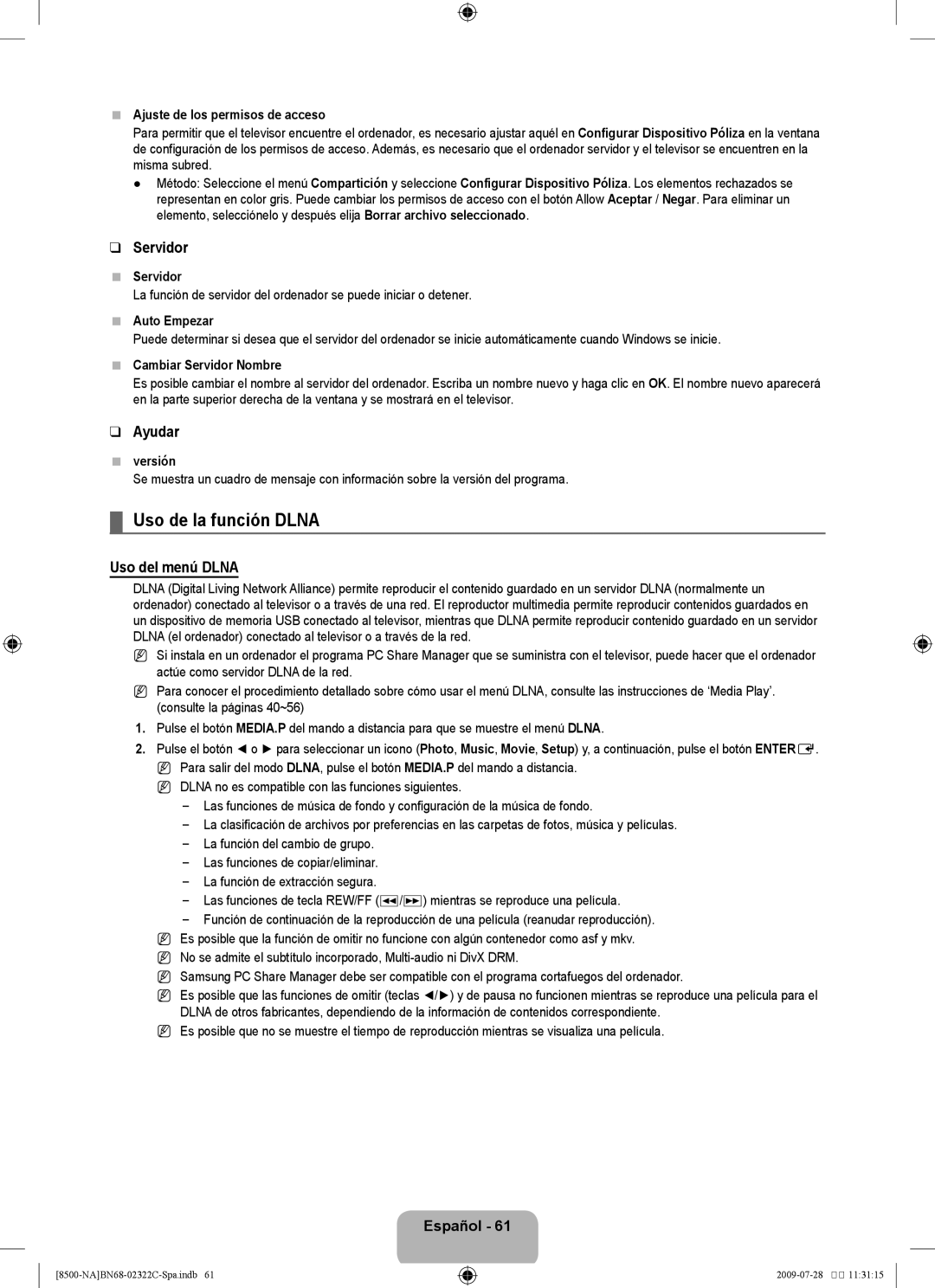 Samsung UN55B8500 user manual Uso de la función Dlna, Servidor, Ayudar, Uso del menú Dlna 