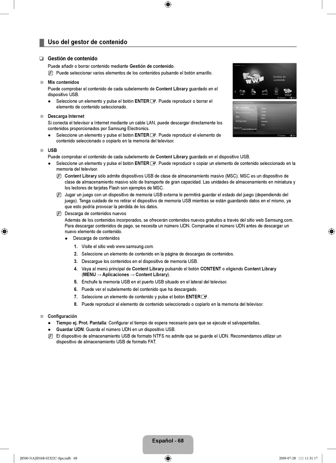 Samsung UN55B8500 Uso del gestor de contenido, Gestión de contenido, Mis contenidos, Descarga Internet, Configuración 