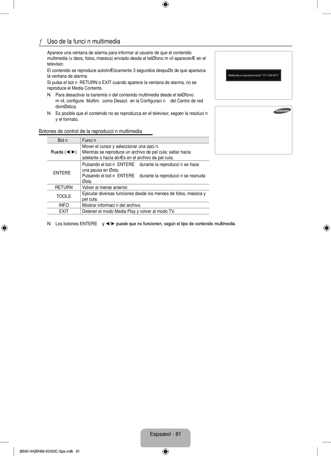 Samsung UN55B8500 user manual Uso de la función multimedia, Botones de control de la reproducción multimedia 