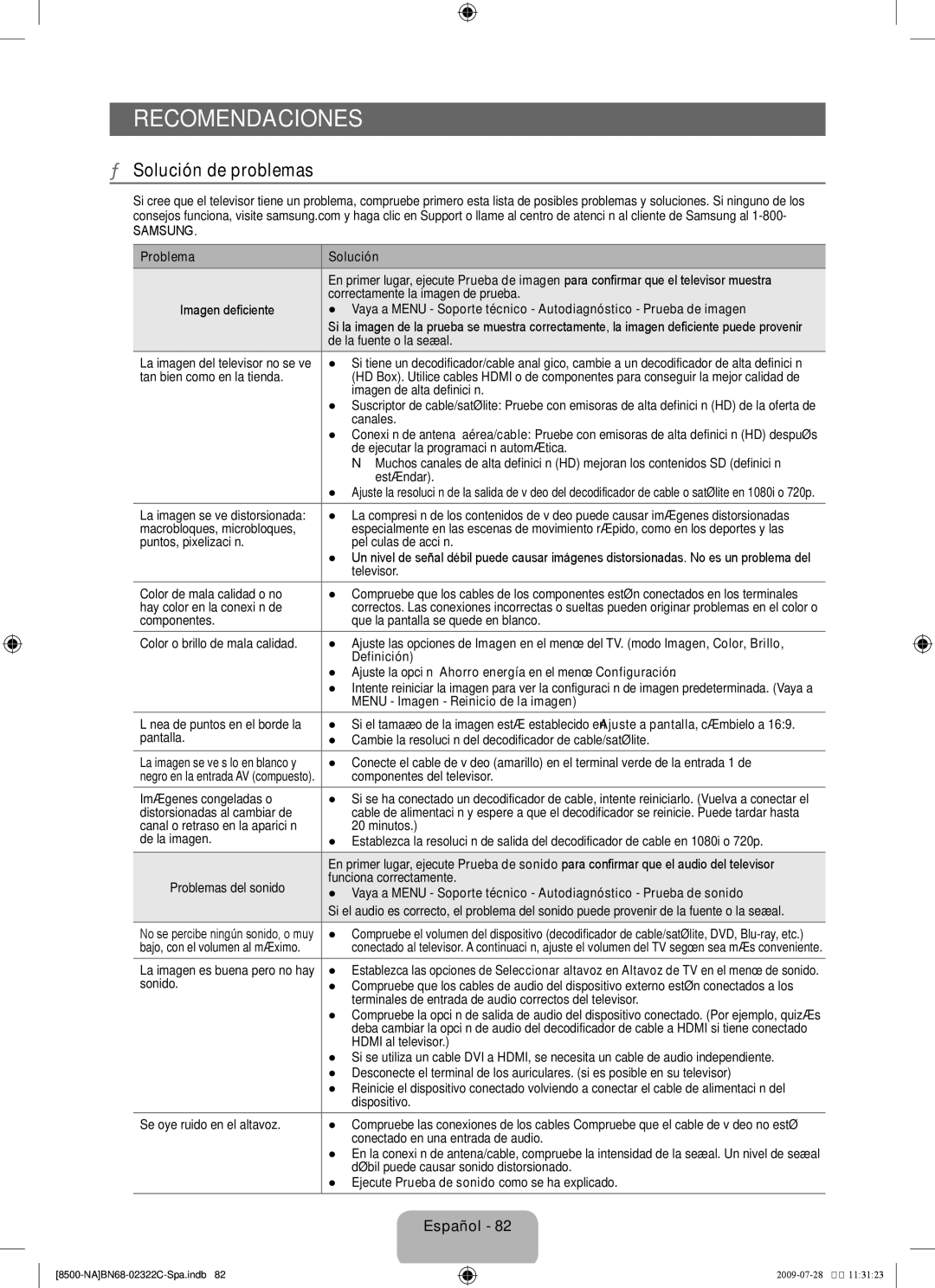 Samsung UN55B8500 Recomendaciones, Solución de problemas, Problema Solución, Definición, Menu Imagen Reinicio de la imagen 